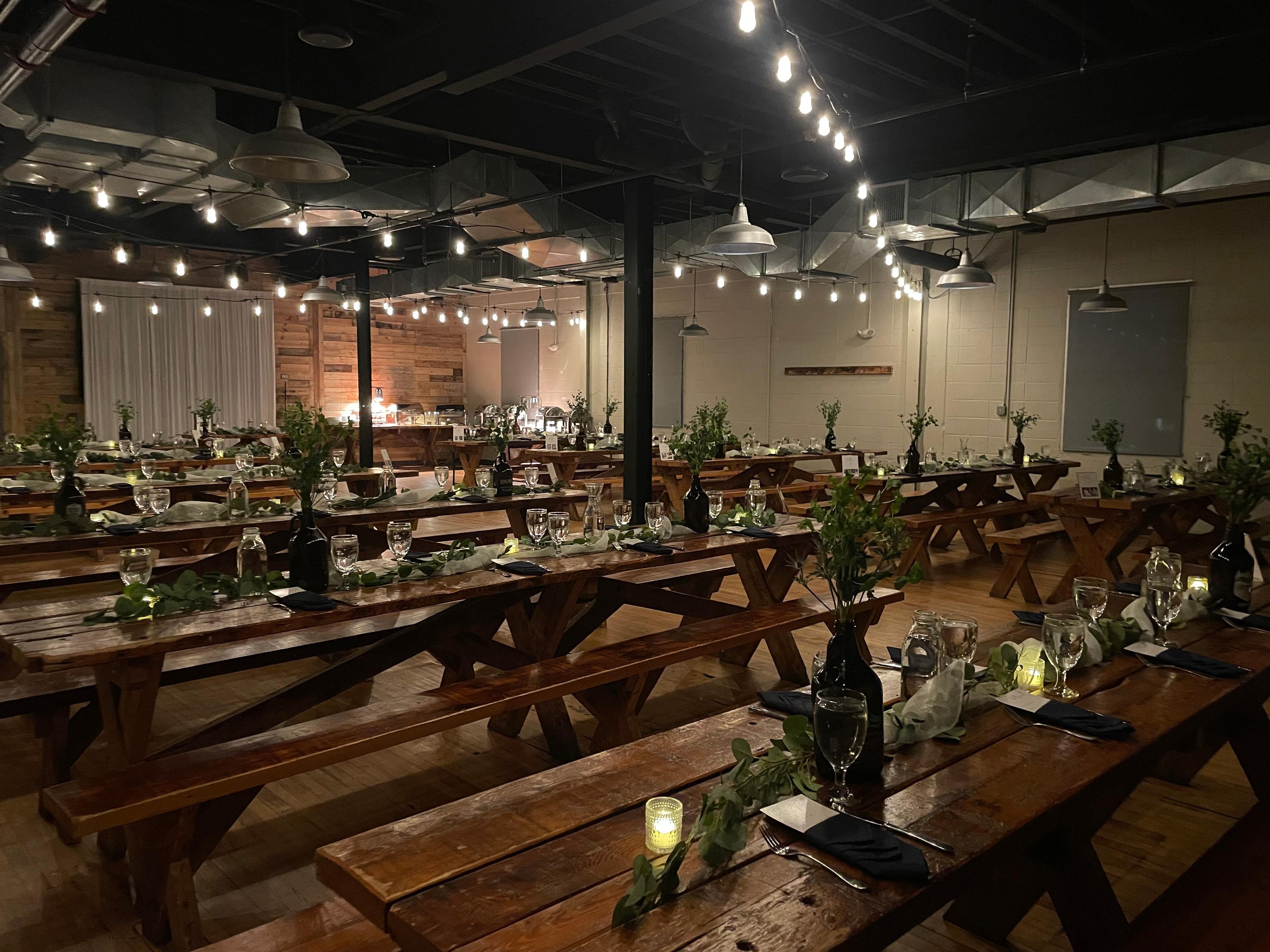 Long table dining event setup in the Beach Haus Beer Hall