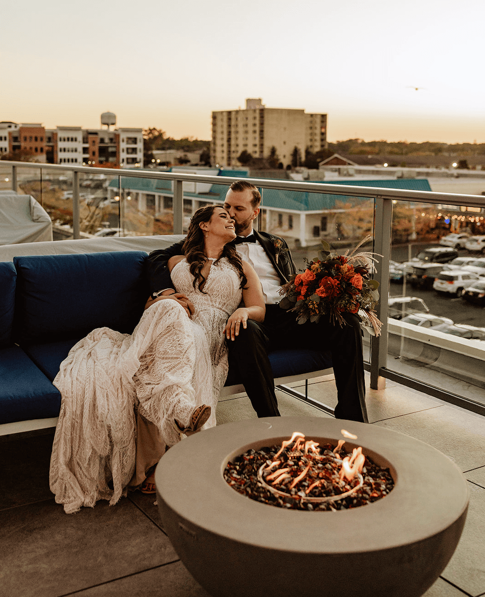 Sunset wedding reception on the rooftop at Beach Haus